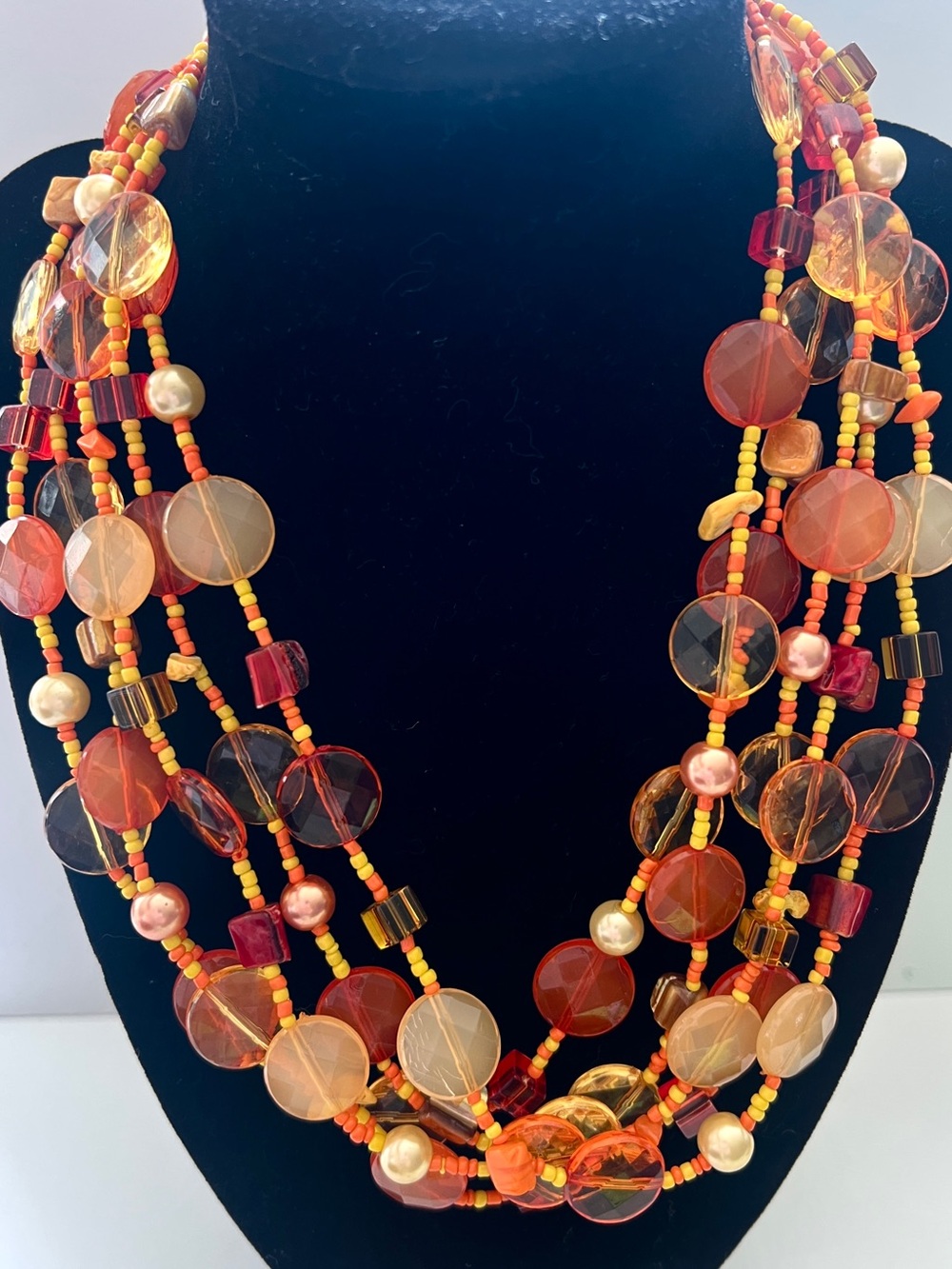 Retro Boho Multi-Strand Amber Orange Bead Faux Pearl & Stone Statement Necklace